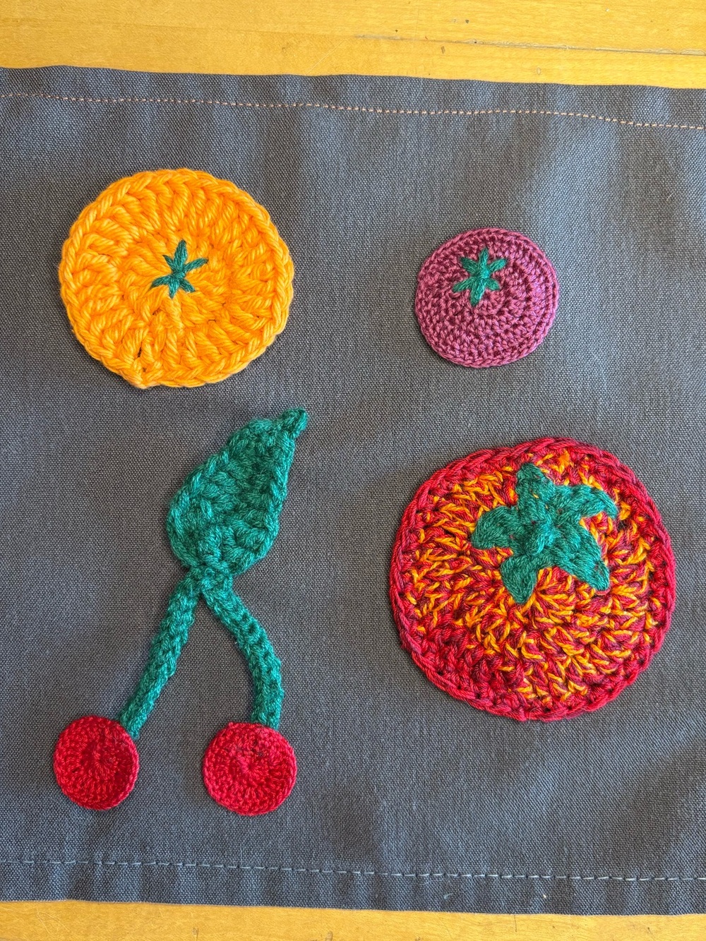 Handmade Crochet Fruit Appliqué Set - Colorful Tomato, Cherries, Orange and Plum